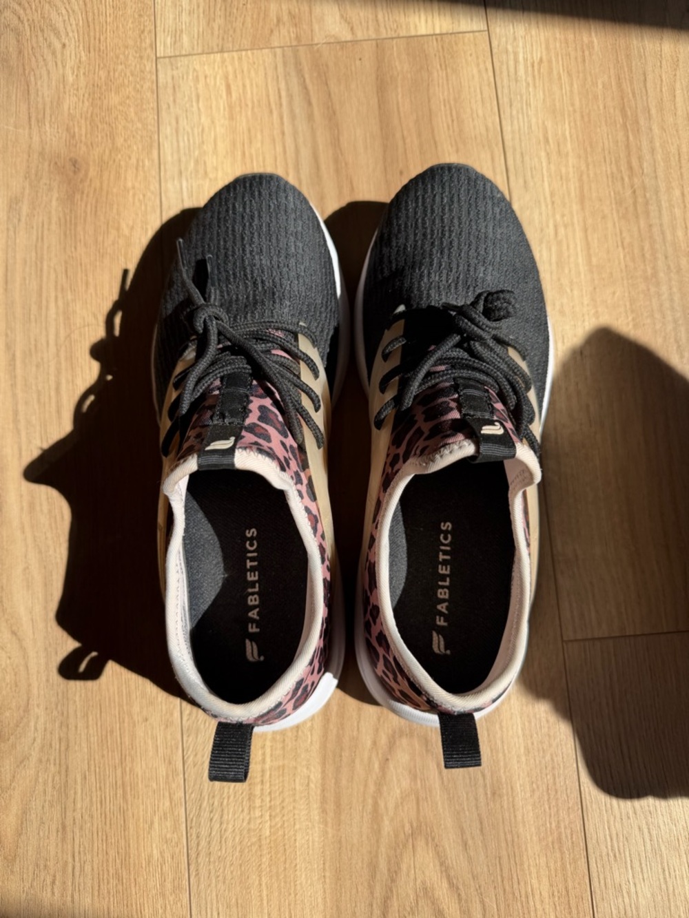 Fabletics Black Knit Sneakers with Pink Leopard Panels - Size 8